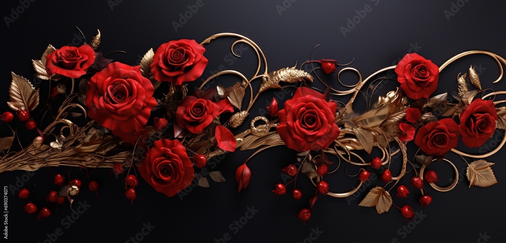 Immerse yourself in the beauty of Intense Ruby Red Roses on a Sleek Ebony Canvas with Ornate Gold Elements, providing a stylish platform for your text. - obrazy, fototapety, plakaty 