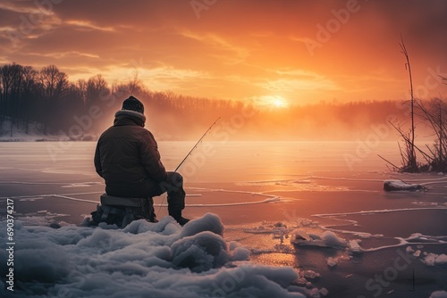 Ice fisherman fishing on the ice. photo