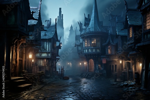 creepy and charming lunar Victorian streets at night