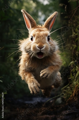 photo of adorable rabbit running through woods