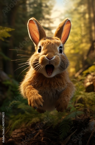 photo of adorable rabbit running through woods