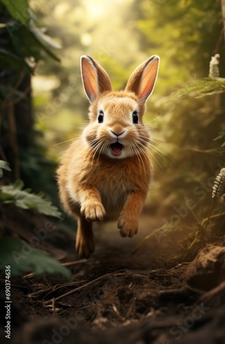 photo of adorable rabbit running through woods