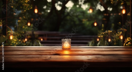 photo of outdoor table with lights on blur in the night
