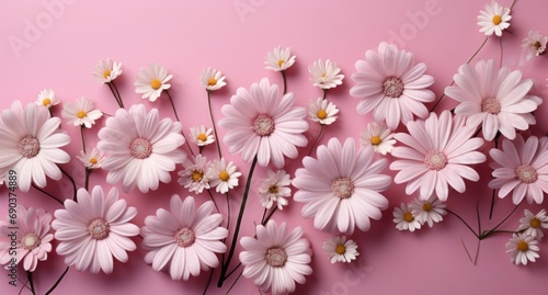 pink ribbon and pink daisies with white flowers on pink background © olegganko
