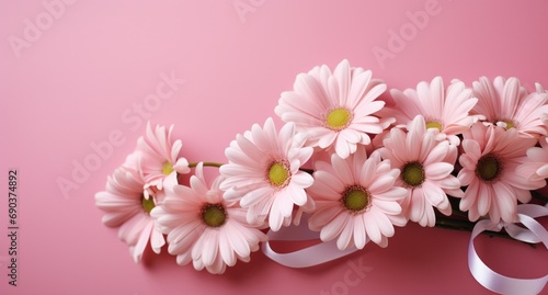 pink ribbon and pink daisies with white flowers on pink background