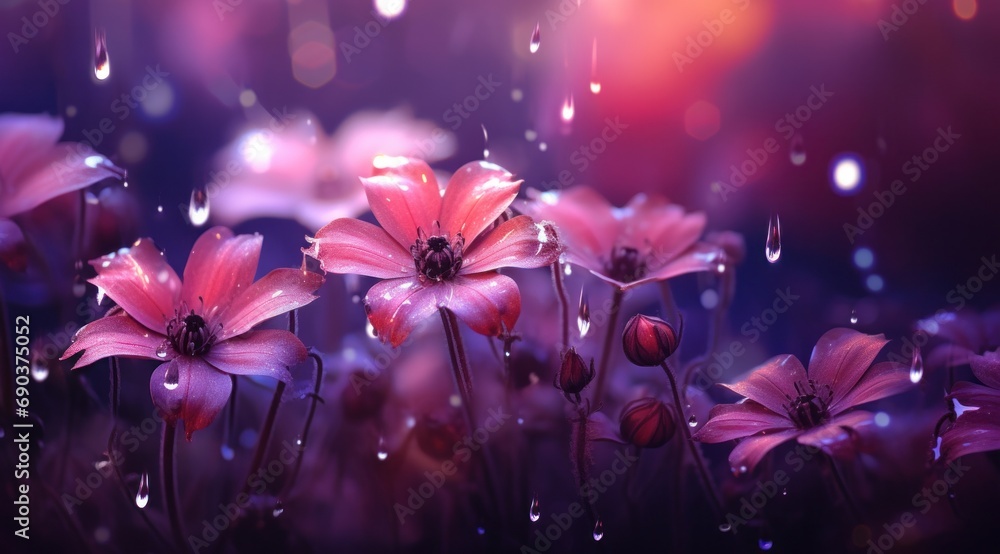 purple flower background with stars dripping in rain, purple flower background with stars dripping in rain,