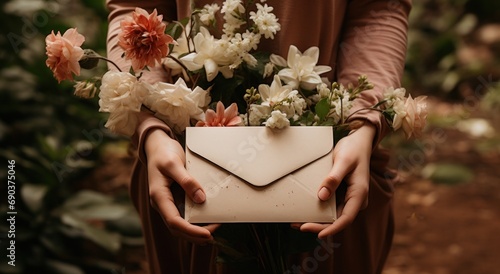 portrait of hand holding a blank envelope with flowers,