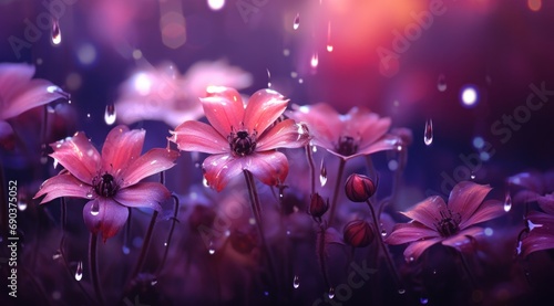 purple flower background with stars dripping in rain,