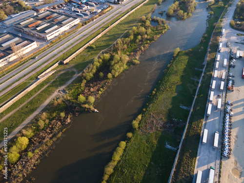 Aerial view of Maritsa river and panorama to City of Plovdiv, Bulgaria