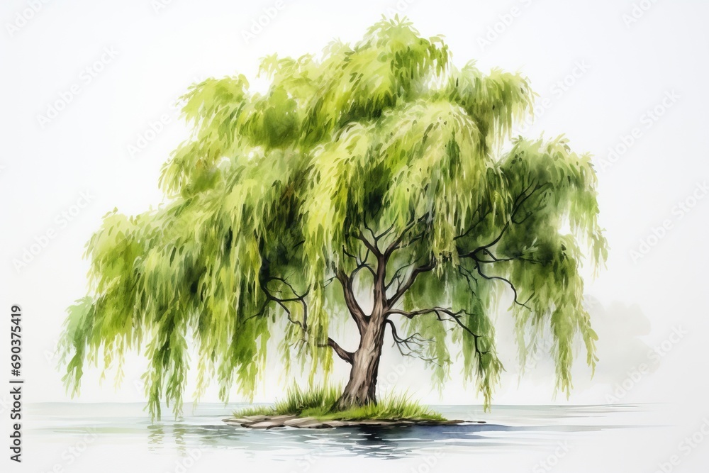 Watercolor and pencil drawing of willow tree. - obrazy, fototapety, plakaty 