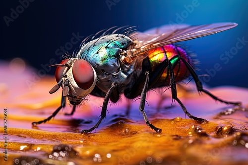 Fly with bright iridescent colors, macro. © Bargais