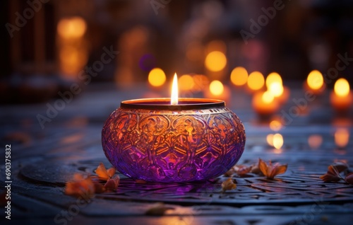 the burning candle is lit on a table in a colorful background