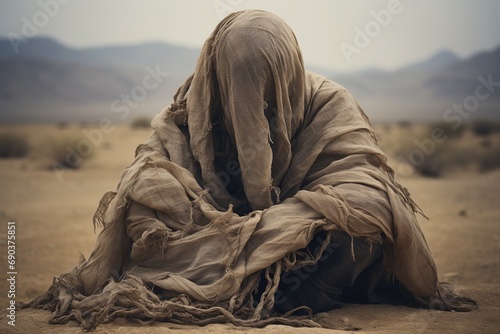 Man sitting in sackcloth and ashes, Bible story. photo