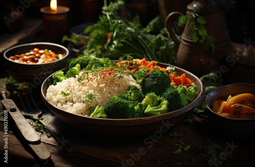 this is a bowl, salad, rice, and vegetables ready to be eat