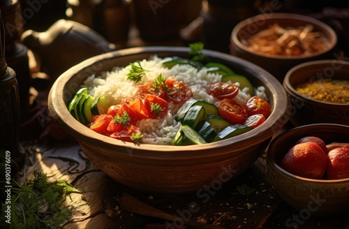 this is a bowl, salad, rice, and vegetables ready to be eat