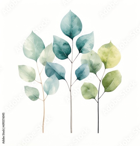 three green leaves against white background,