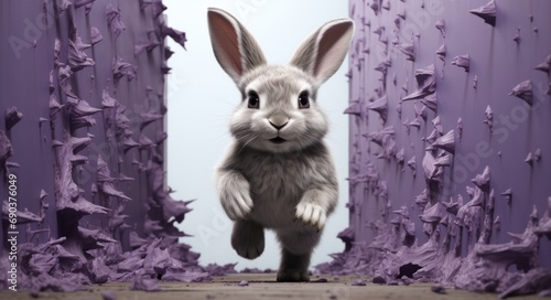 this gray and white bunny is escaping a purple wall