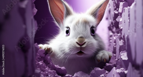 this gray and white bunny is escaping a purple wall