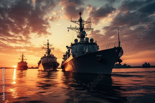 Military navy ships in a sea at sunset.