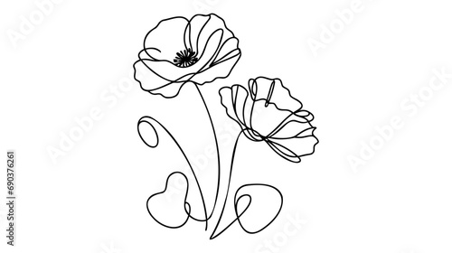 Poppy flowers in continuous line art drawing style. Doodle floral border with two flowers blooming among grass.