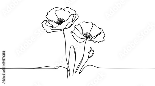 Poppy flowers in continuous line art drawing style. Doodle floral border with two flowers blooming among grass.
