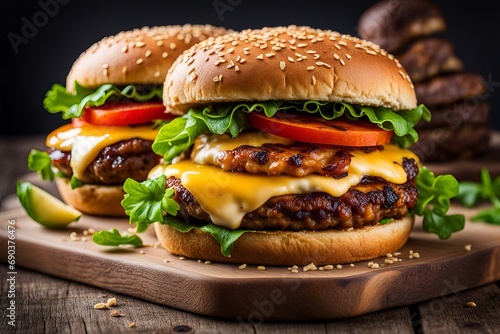  tasty burgers with layers of grilled meat,cheese, Appetising food
