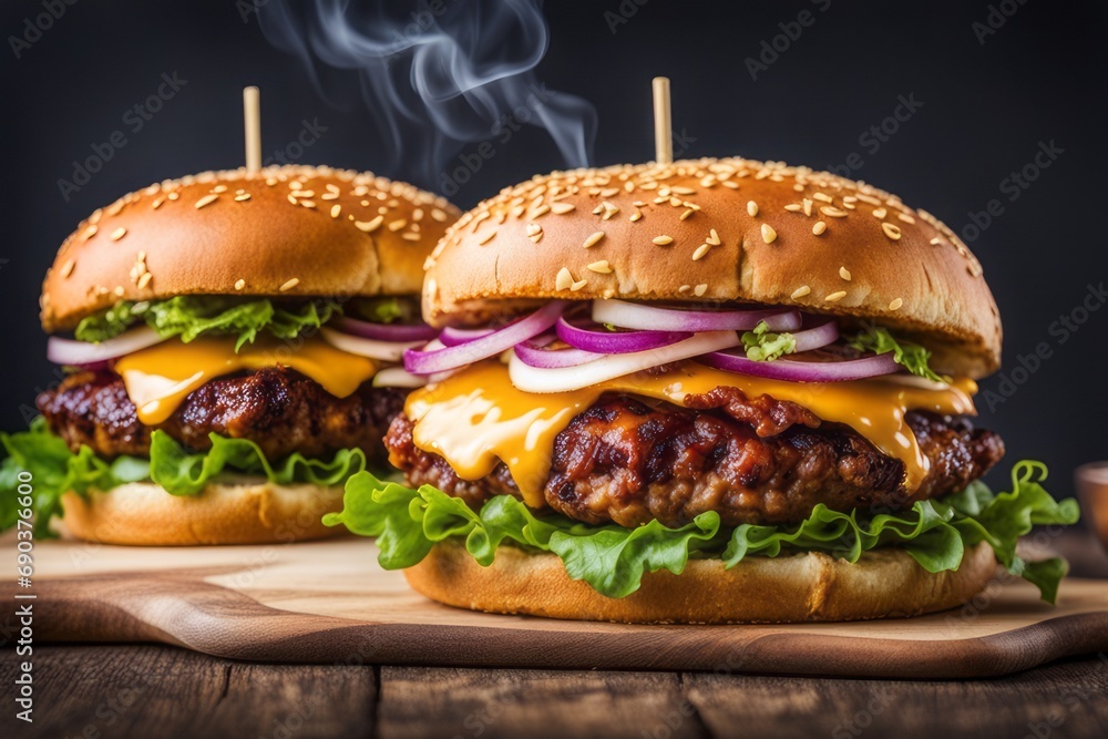 tasty burgers with layers of grilled meat,cheese, Appetising food
tasty burgers with layers of grilled meat,cheese, Appetising food