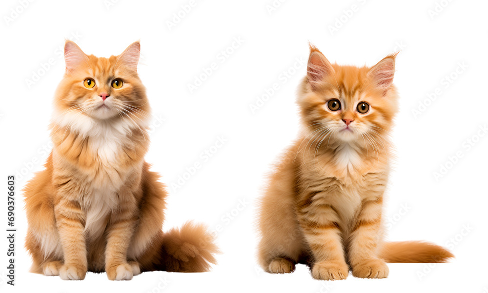 Set of Cute Orange Cat: A Seated Kitten and Adult Duo, Isolated on Transparent Background, PNG