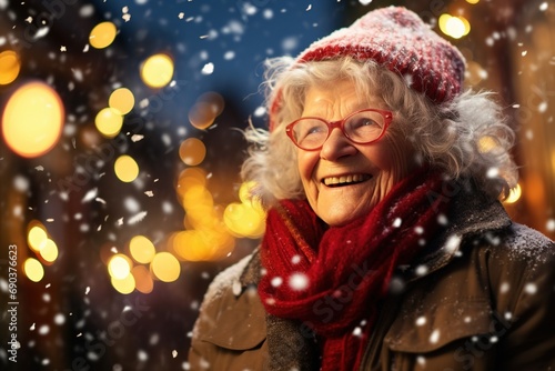Old woman enjoying the Christmas holidays outdoors in snowfall.