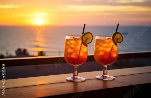 two cocktails are set up on a balcony overlooking the ocean