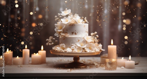 wedding cake with white flowers and golden stars on a white table,