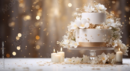 wedding cake with white flowers and golden stars on a white table,