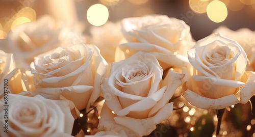 white roses arranged in rows with a background with lights