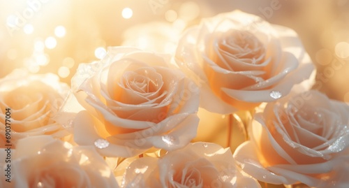 white roses arranged in rows with a background with lights