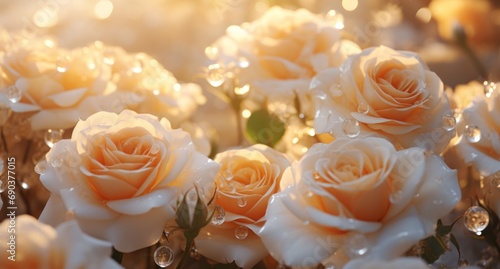 white roses arranged in rows with a background with lights