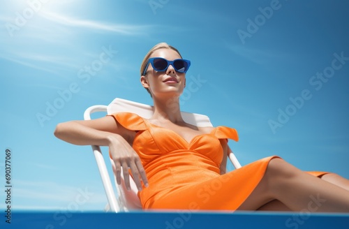 woman enjoying the ocean in sunglasses sitting on floating sunbed in the pool