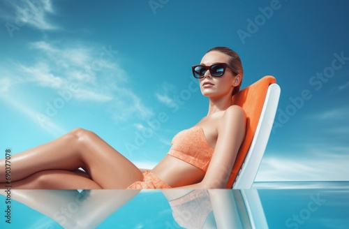 woman enjoying the ocean in sunglasses sitting on floating sunbed in the pool