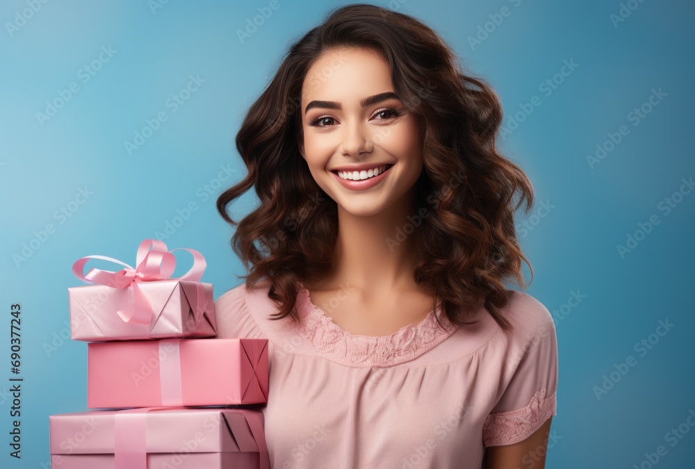young woman with presents in hand smiling on pink background young woman with presents in hand smiling on pink background