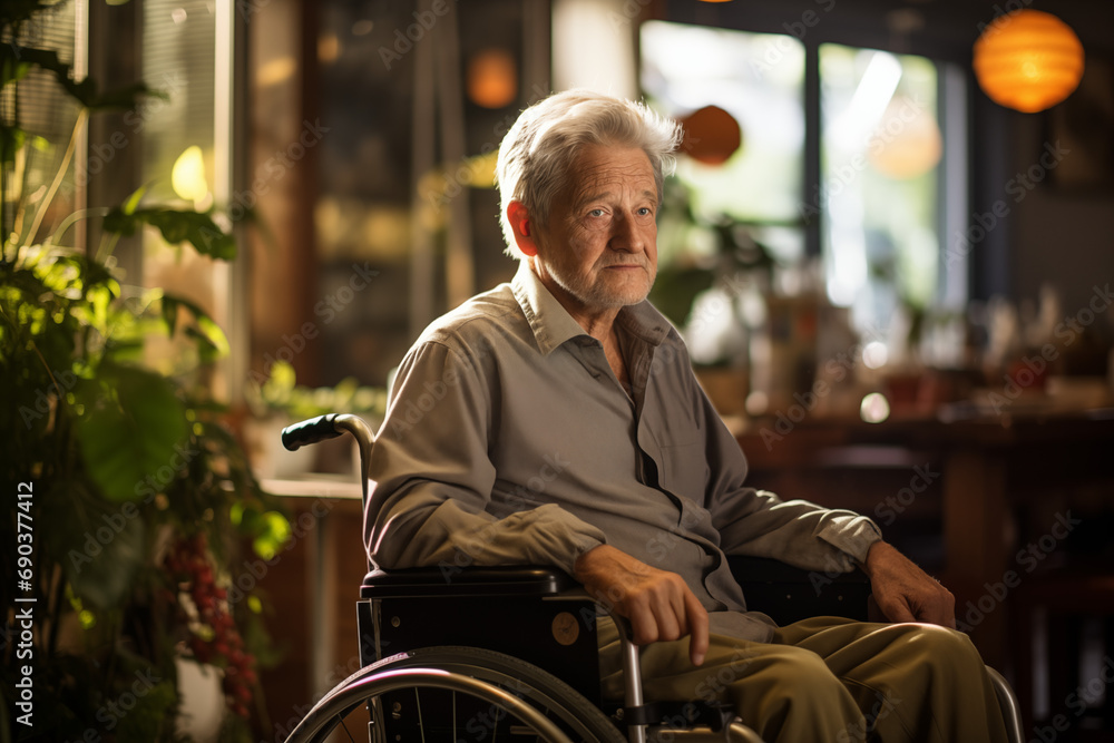 Smiling elderly man in wheelchair in retirement home. Disability situation. Someone with reduced mobility. Smiling elderly man in wheelchair in retirement home. Disability situation. Someone with reduced mobility.
