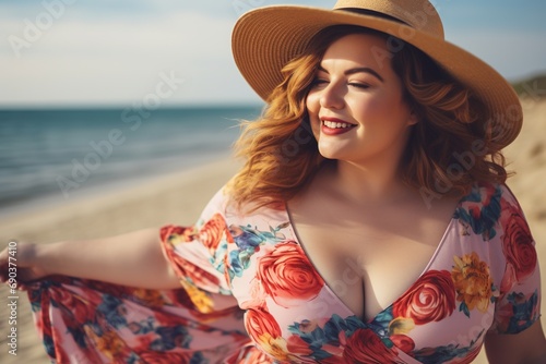 Plus sized young woman in summer dress and hat walking on the beach.