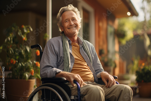 Smiling elderly man in wheelchair in retirement home. Disability situation. Someone with reduced mobility. photo