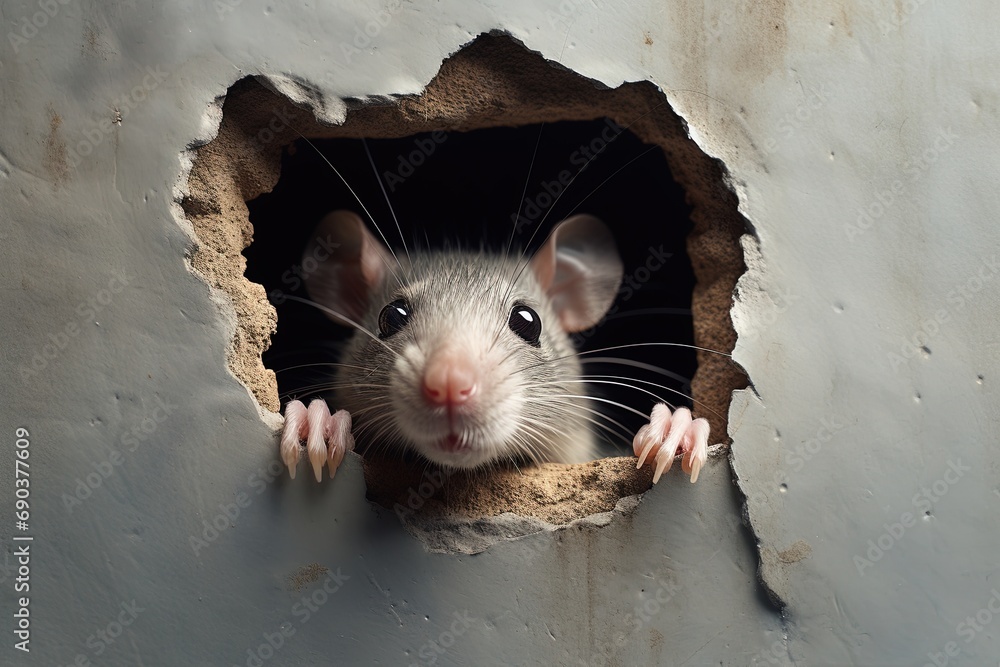 Rat peeking out of a hole in wall. - obrazy, fototapety, plakaty 