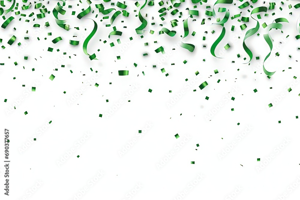 Falling green confetti and streamers seamless pattern on white background. - obrazy, fototapety, plakaty 