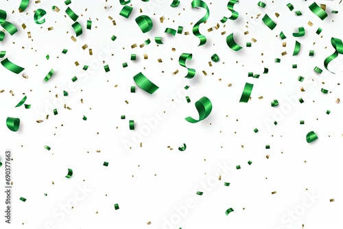 Falling green confetti and streamers seamless pattern on white background.