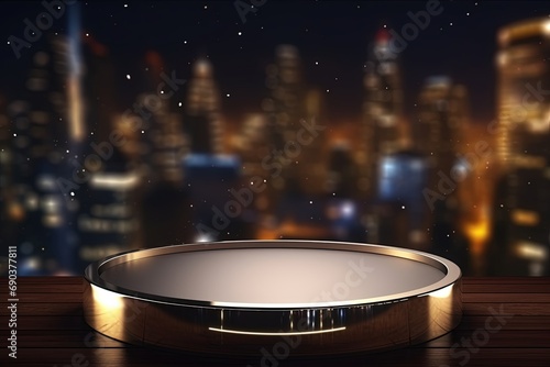Round cylinder platform podium for a new product against the background of the night city. © Bargais