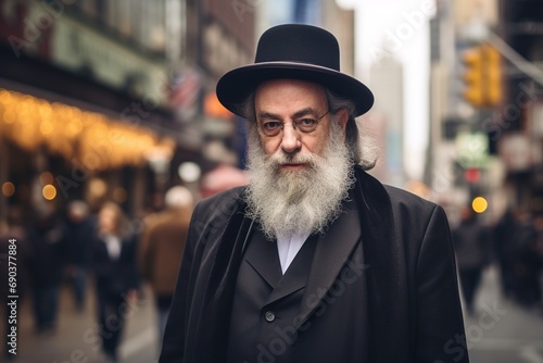Old orthodox Jewish rabbi on a city street.