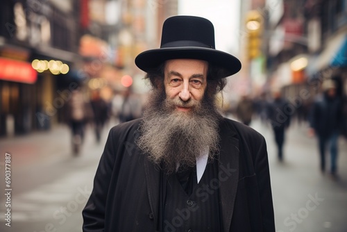 Old orthodox Jewish rabbi on a city street.