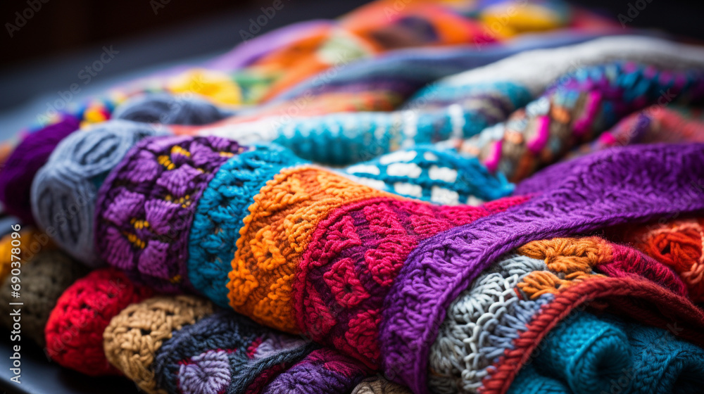 Handmade Colorful Patchwork: A close-up of a knitted blanket with vibrant, handcrafted patches, showcasing the artistry in every stitch.