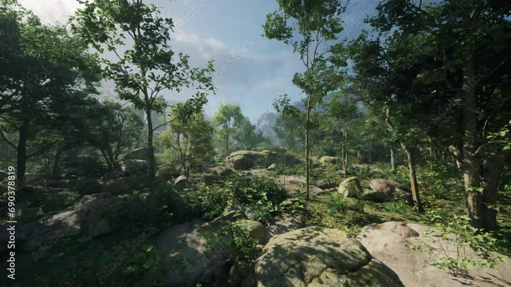 A lush forest with towering trees and rugged rocks A lush forest with towering trees and rugged rocks