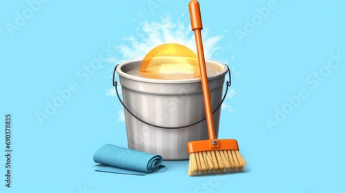 illustration of a bucket with water and a soap bubble, a mop and a rag on an isolated blue background. House cleaning concept photo